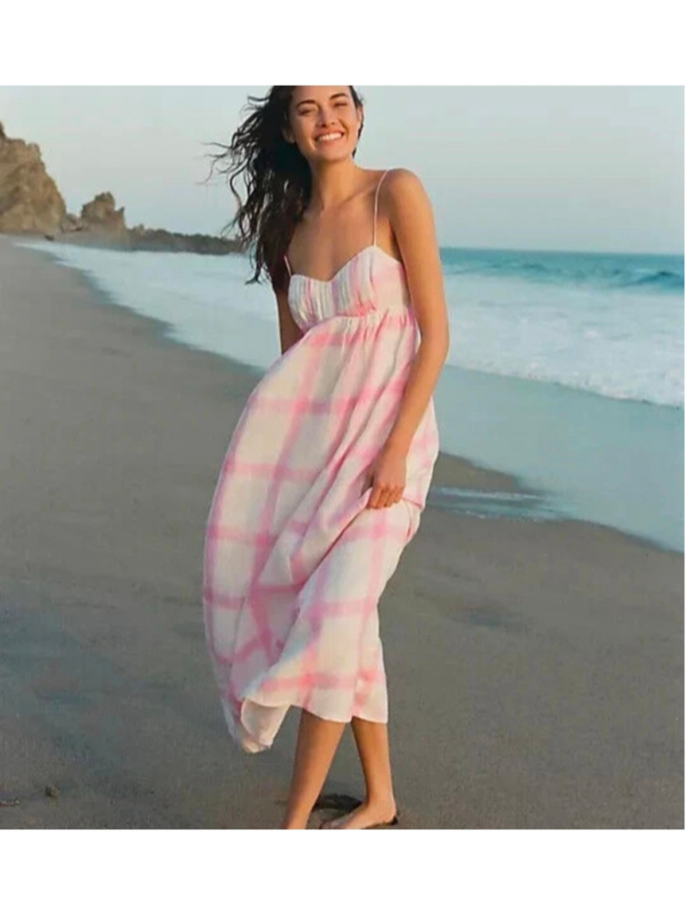 Anthropologie Maeve Linen Tie-Back Maxi Dress L pink white